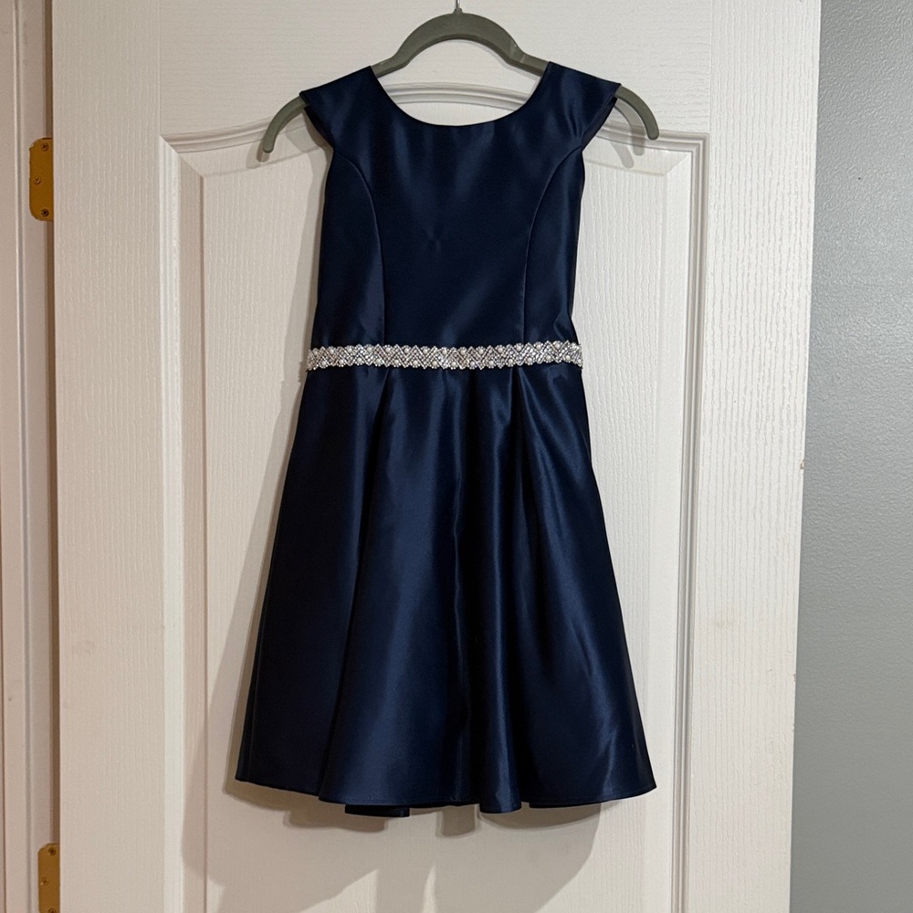 Classic Navy Satin Girls' Formal Dress with Beaded Waist